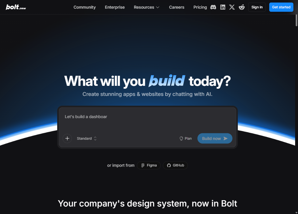 Bolt.new homepage — AI prototyping tool